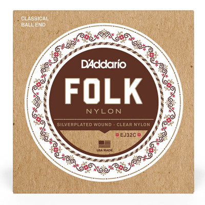 D'ADDARIO EJ32C FOLK NYLON Ball End Silver Wound / Clear Treble струни для класичної гітари